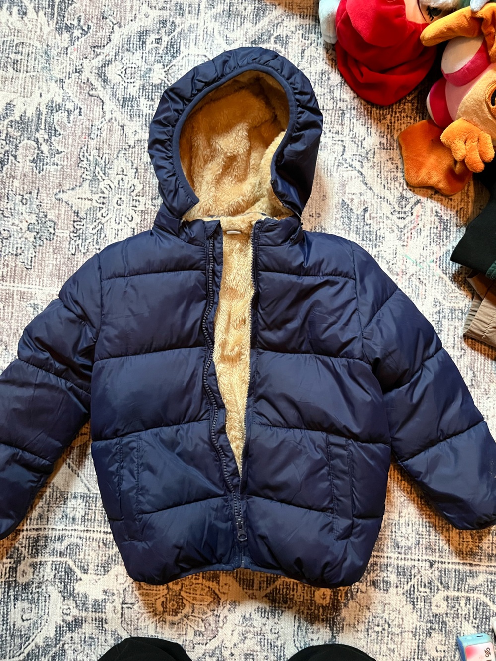 Kids Navy Puffer Jacket with Faux Fur Lining